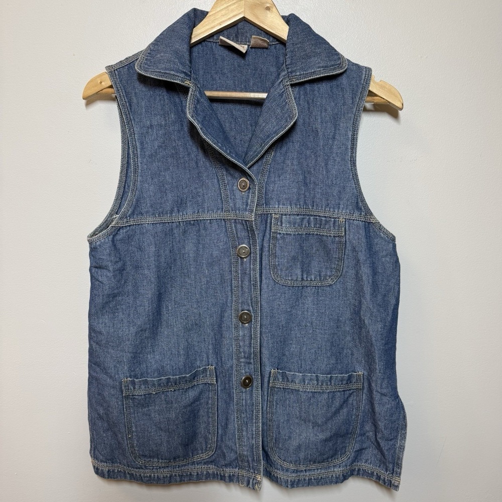 Vintage Crossroads Chambray Denim Vest Small Utility Pockets Side Slits Y2K